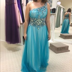 teal one shoulder prom dress